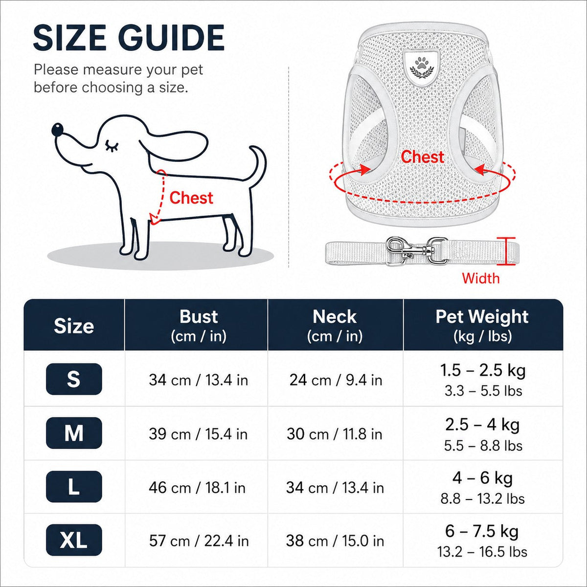 Tailora size guide chart for breathable mesh harness and leash set with measurement instructions for small pets
