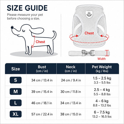 Tailora size guide chart for breathable mesh harness and leash set with measurement instructions for small pets