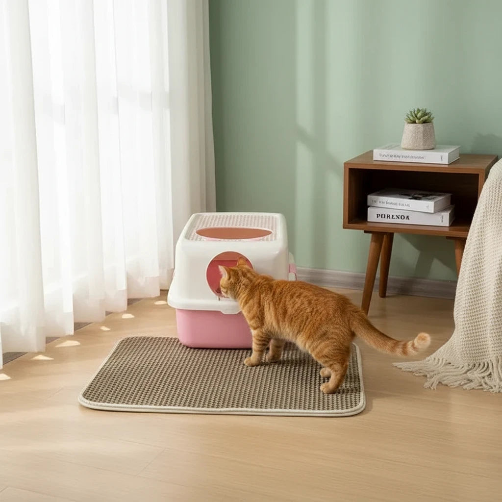 Tailora double-layer honeycomb cat litter mat in grey placed on a wooden floor next to a pink and white litter box