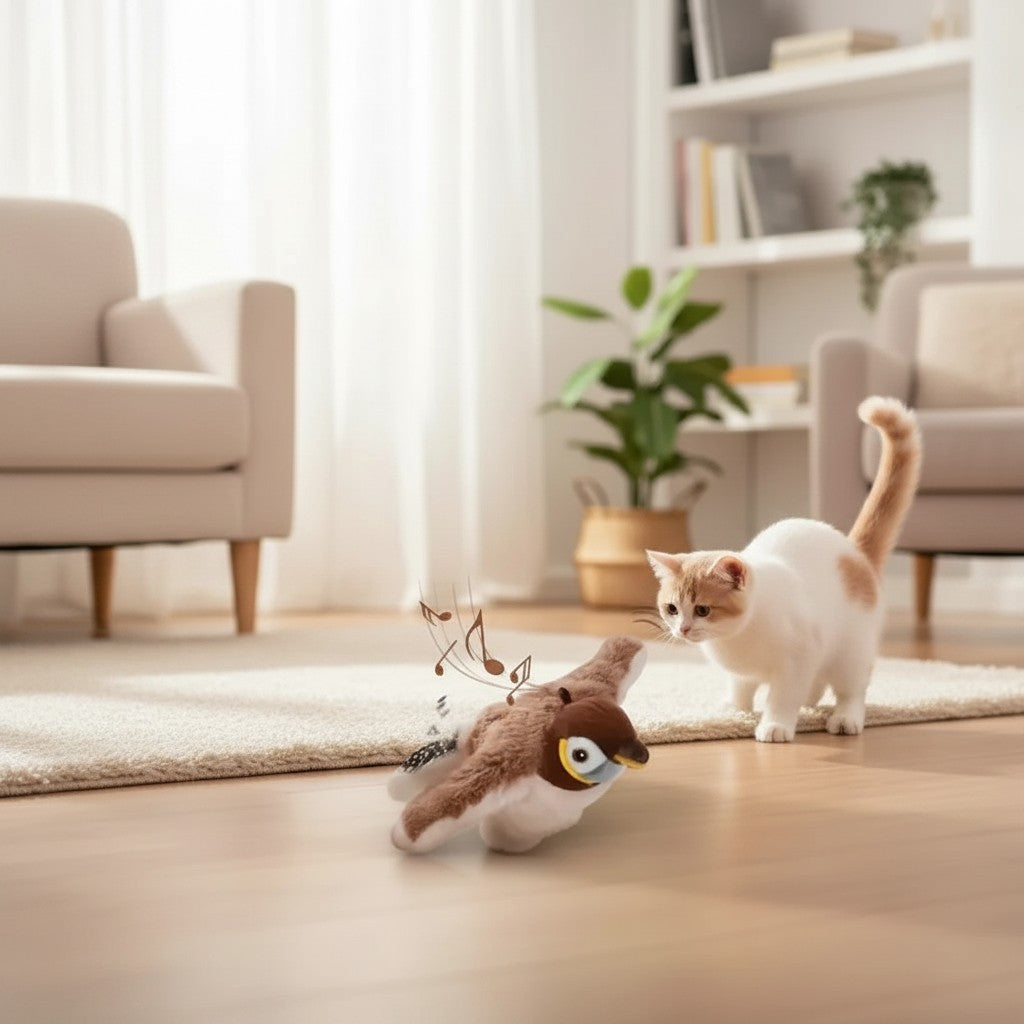 Tailora interactive plush bird toy with motion-activated chirping sounds, engaging a curious kitten in a bright living room