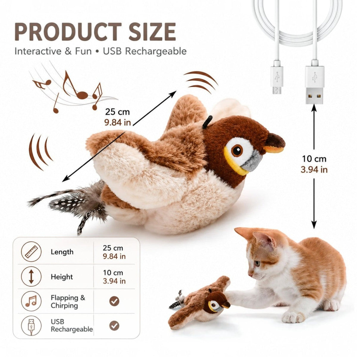 Tailora interactive plush bird toy for cats with USB charging, showing dimensions and a kitten playing with it.