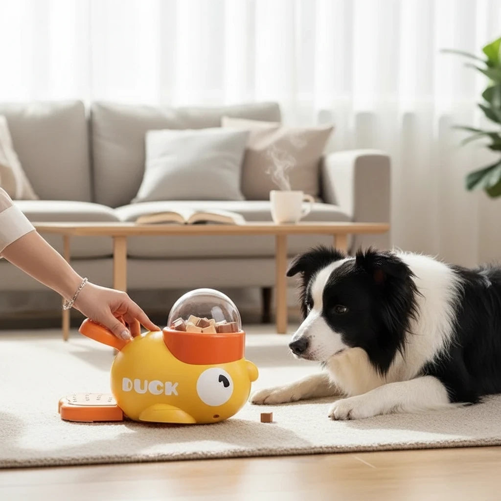 Tailora interactive duck-shaped treat dispenser toy for dogs and cats on a living room rug with a Border Collie