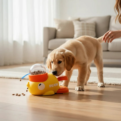 Tailora interactive duck-shaped treat dispenser toy for dogs and cats on a wooden floor with a puppy playing