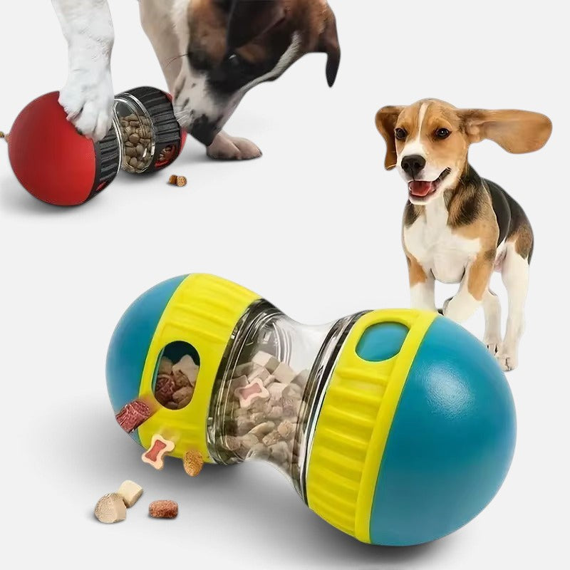 Tailora interactive pet treat dispenser toy in blue and yellow with dry food, shown with a playful beagle dog.