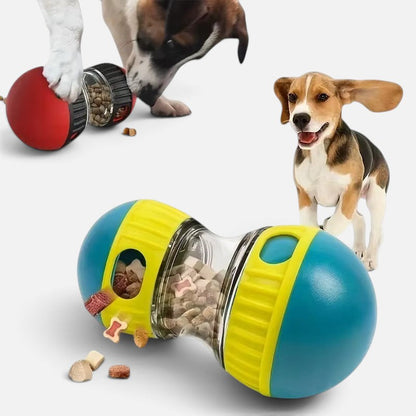 Tailora interactive pet treat dispenser toy in blue and yellow with dry food, shown with a playful beagle dog.