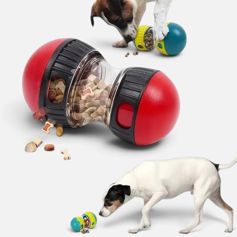 Tailora interactive pet treat dispenser toy in red and clear plastic with a dog playing and eating dry kibble