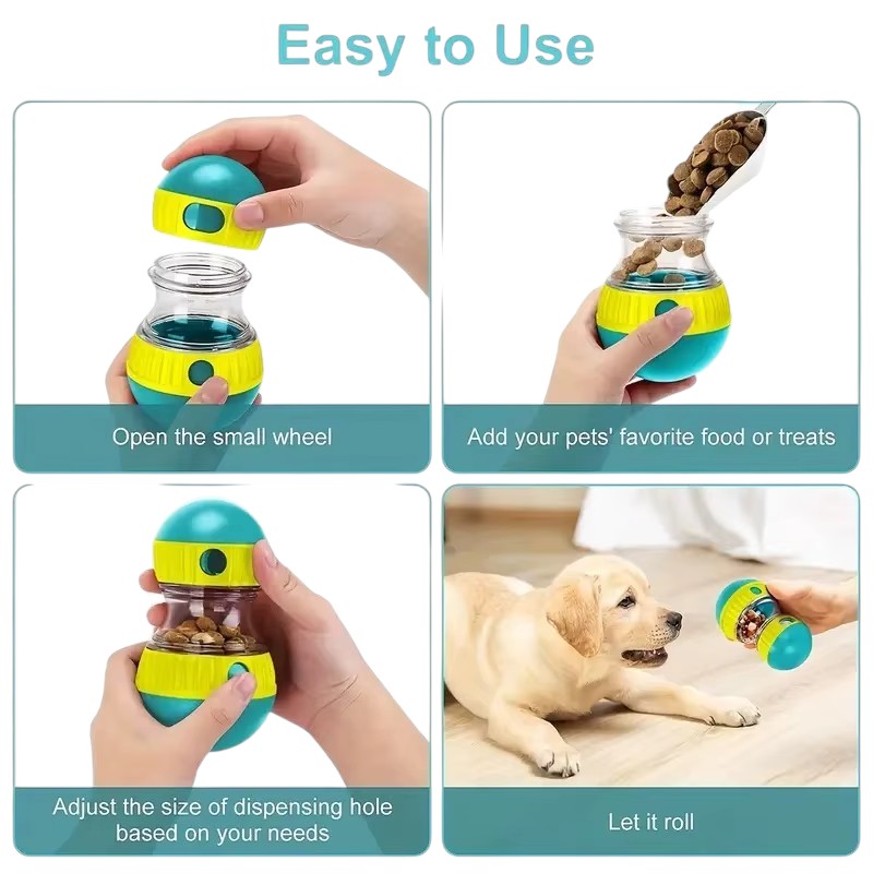 Tailora interactive pet treat dispenser showing how to fill, adjust, and roll the toy for dogs and cats