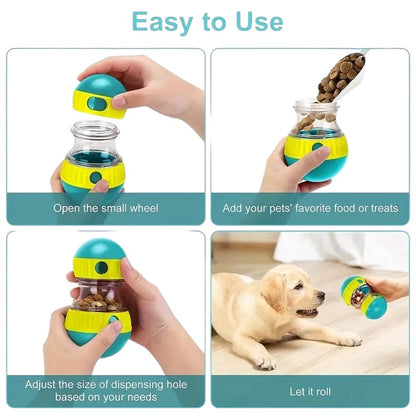 Tailora interactive pet treat dispenser showing how to fill, adjust, and roll the toy for dogs and cats