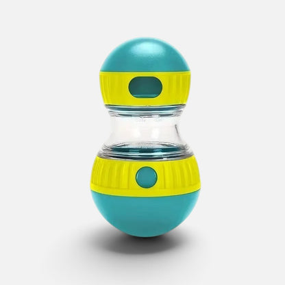 Tailora interactive pet treat dispenser in teal and yellow, a durable plastic slow feeder toy for dogs and cats.