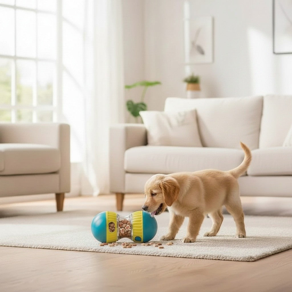 Tailora interactive pet treat dispenser toy in blue and yellow, being played with by a golden retriever puppy