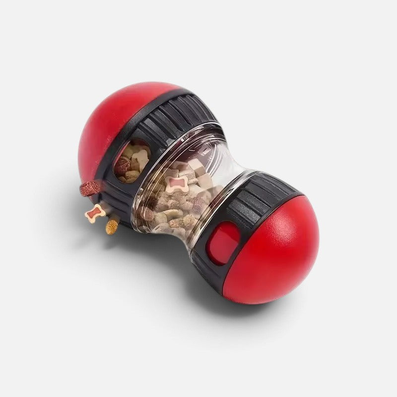 Tailora interactive pet treat dispenser in red and black, featuring a clear chamber filled with dry kibble.