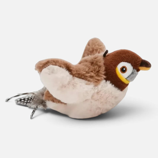 Tailora interactive plush bird cat toy with brown and cream soft fabric, realistic features, and a touch sensor.