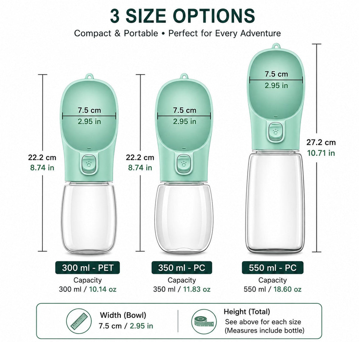 Tailora leak-proof travel water bottle size comparison chart showing 300ml, 350ml, and 550ml options in mint green.