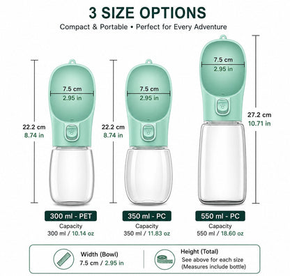 Tailora leak-proof travel water bottle size comparison chart showing 300ml, 350ml, and 550ml options in mint green.