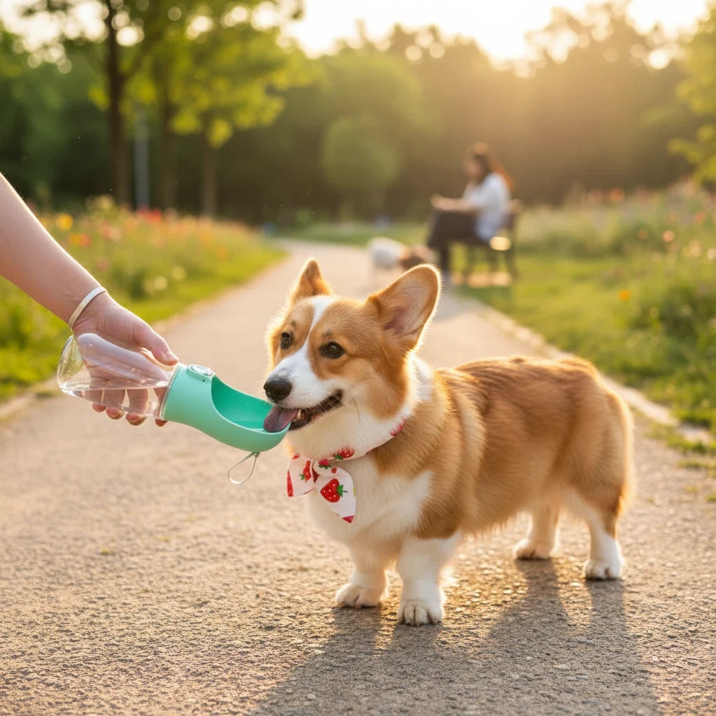 Tailora leak-proof portable dog water bottle with drinking trough being used by a Corgi on a sunny park path