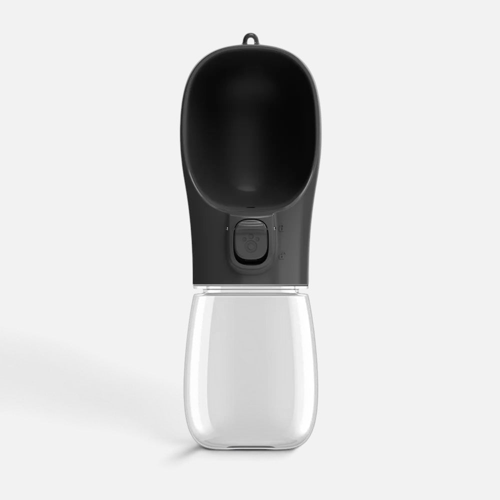 Tailora leak-proof portable travel water bottle for dogs with a black drinking trough and clear container