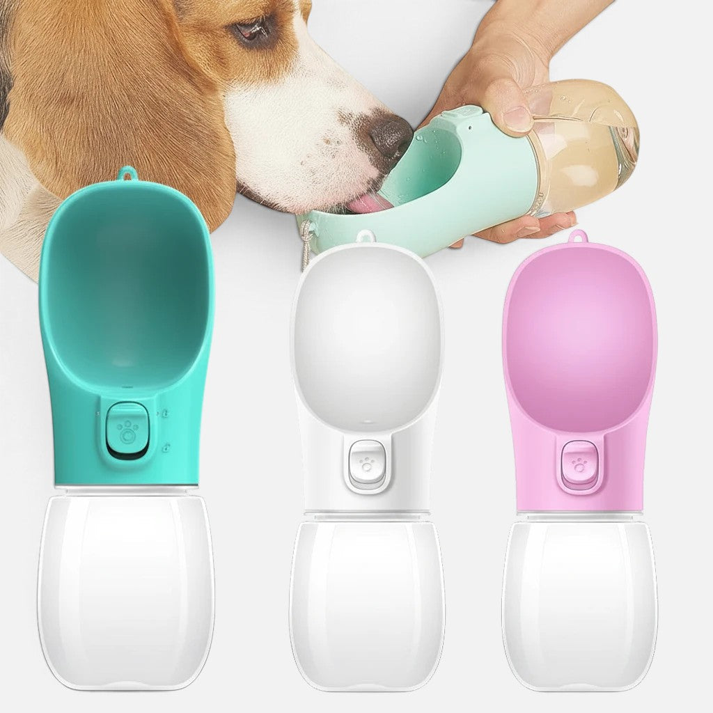 Tailora leak-proof travel water bottles in teal, white, and pink with a beagle drinking from the trough.