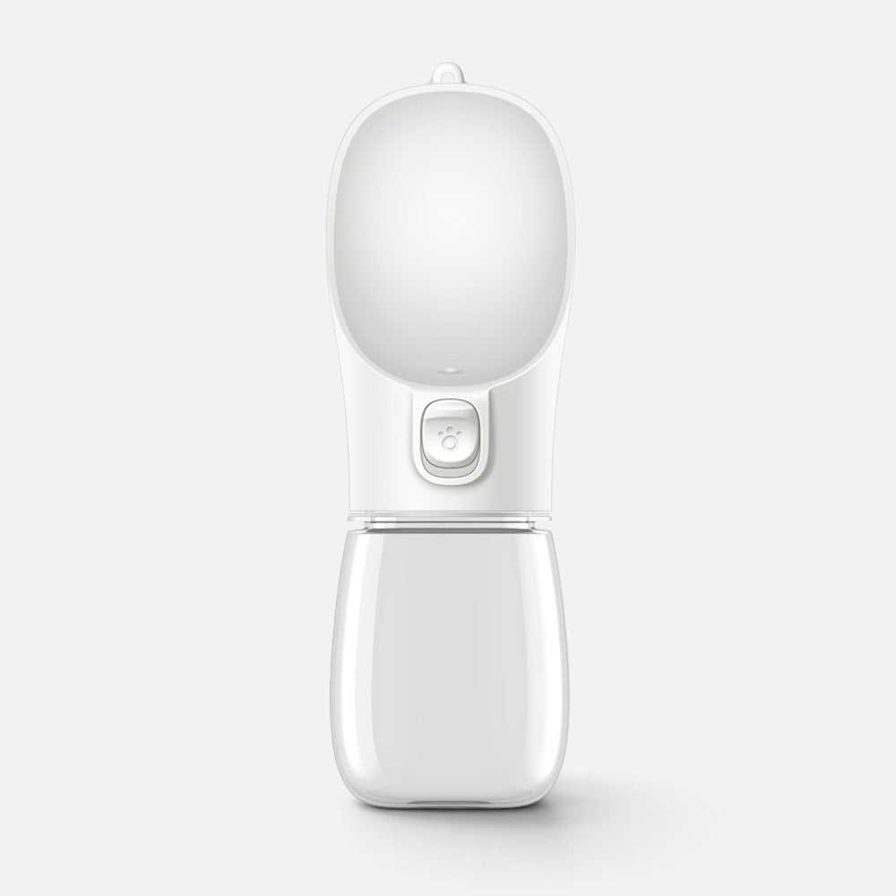 Tailora leak-proof portable dog water bottle with a white drinking trough and clear reservoir for travel.