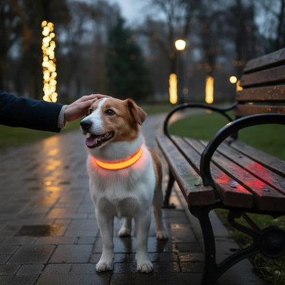 Tailora LED dog collar glowing orange on a Jack Russell Terrier during an evening walk in a park
