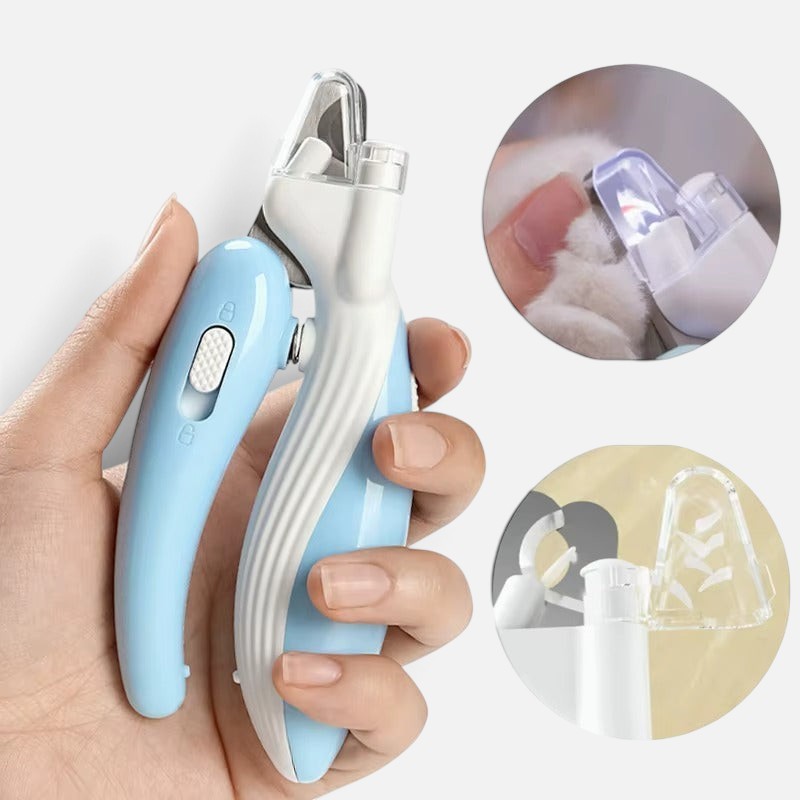 Tailora blue and white ergonomic pet nail clipper with built-in LED light for safe home grooming of cats and dogs
