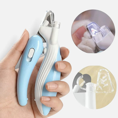 Tailora blue and white ergonomic pet nail clipper with built-in LED light for safe home grooming of cats and dogs