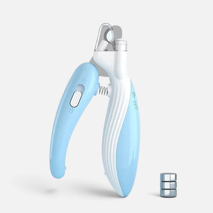 Tailora pet nail clipper with built-in LED light, ergonomic blue and white handle, and stainless steel blades.