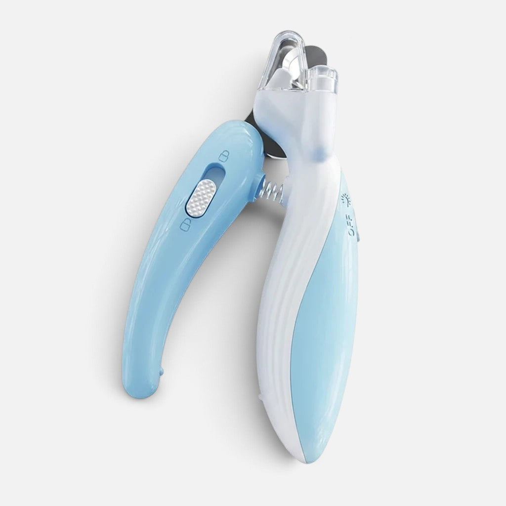 Tailora light blue pet nail clipper with built-in LED light, stainless steel blades, and ergonomic anti-slip handle