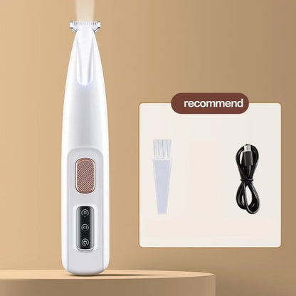 Tailora white cordless pet trimmer with LED light, stainless steel blade, cleaning brush, and USB charging cable.