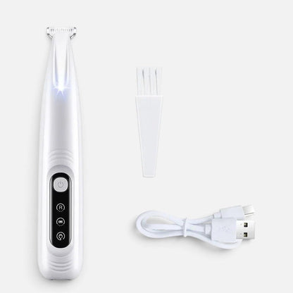 Tailora Precision Paw & Detail LED Trimmer in white with USB charging cable and cleaning brush for pet grooming