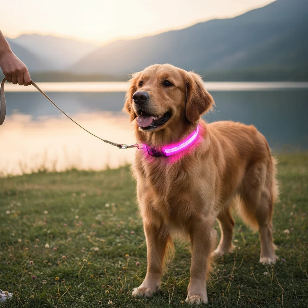 Tailora golden retriever wearing a bright pink glowing LED safety collar outdoors by a lake at sunset