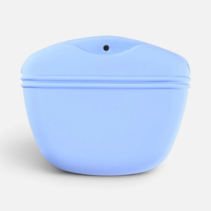 Tailora light blue silicone dog treat pouch with a magnetic closure for easy access during training sessions.