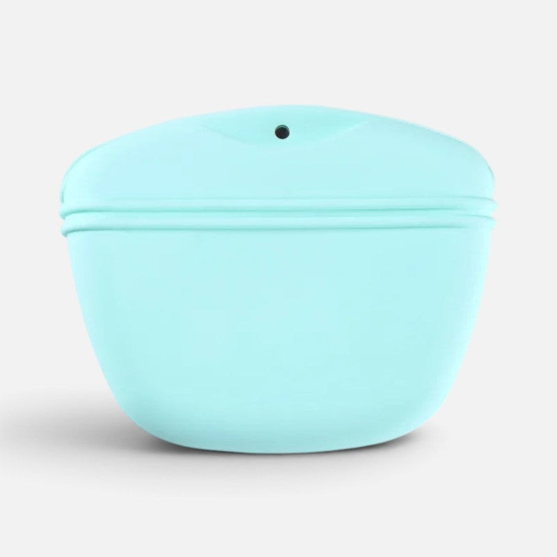Tailora light blue silicone dog treat pouch with a magnetic closure and waste bag dispenser hole