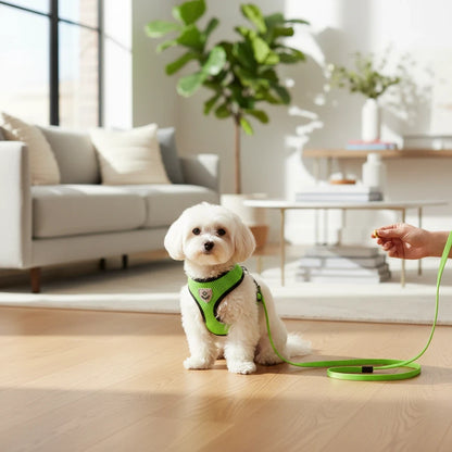 Tailora small white dog wearing a bright lime green breathable mesh step-in harness with a matching leash
