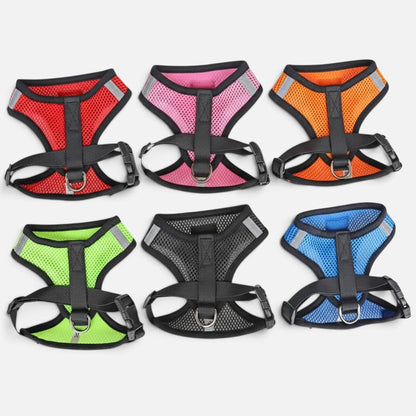 Tailora collection of six breathable mesh step-in harnesses in red, pink, orange, green, black, and blue colors.