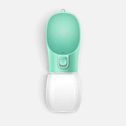 Tailora leak-proof portable dog water bottle in mint green with a built-in drinking trough and one-hand lock button.