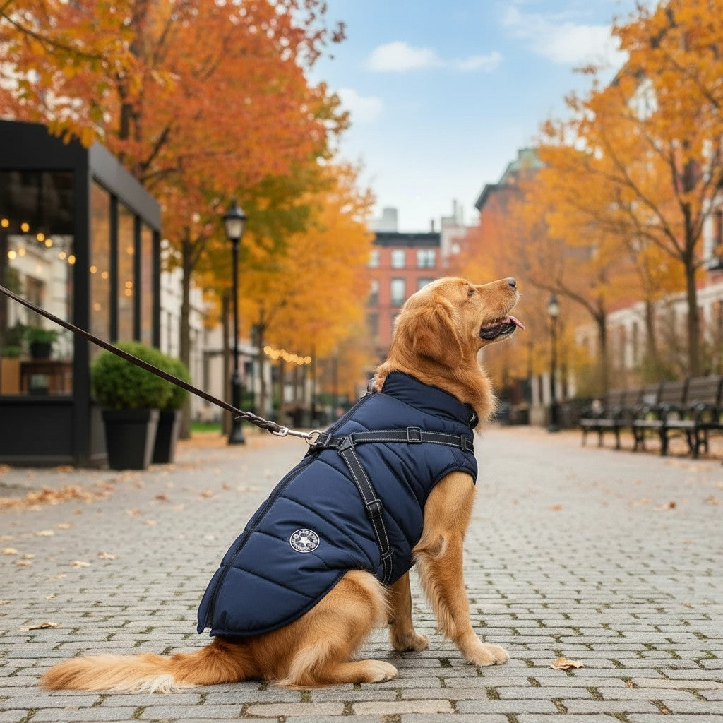 Golden Retriever wearing a navy blue Tailora winter dog jacket with an integrated harness on a city street in autumn