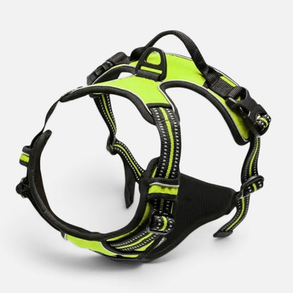 Tailora neon yellow no-pull dog harness with reflective trim, top control handle, and adjustable straps.