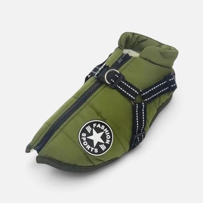 Tailora olive green waterproof winter dog jacket with integrated harness, back zipper, and reflective safety straps.