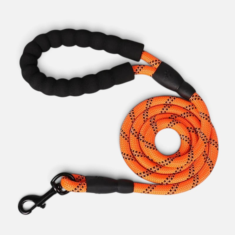 Tailora heavy-duty orange reflective dog leash with a soft black neoprene padded handle and metal clasp.
