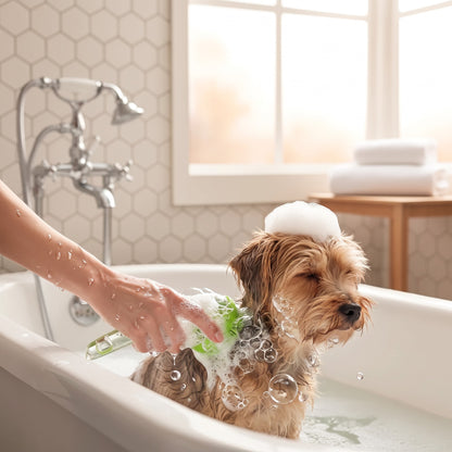 Tailora 2-in-1 pet bath brush with soft silicone bristles massaging a small dog in a soapy bathtub