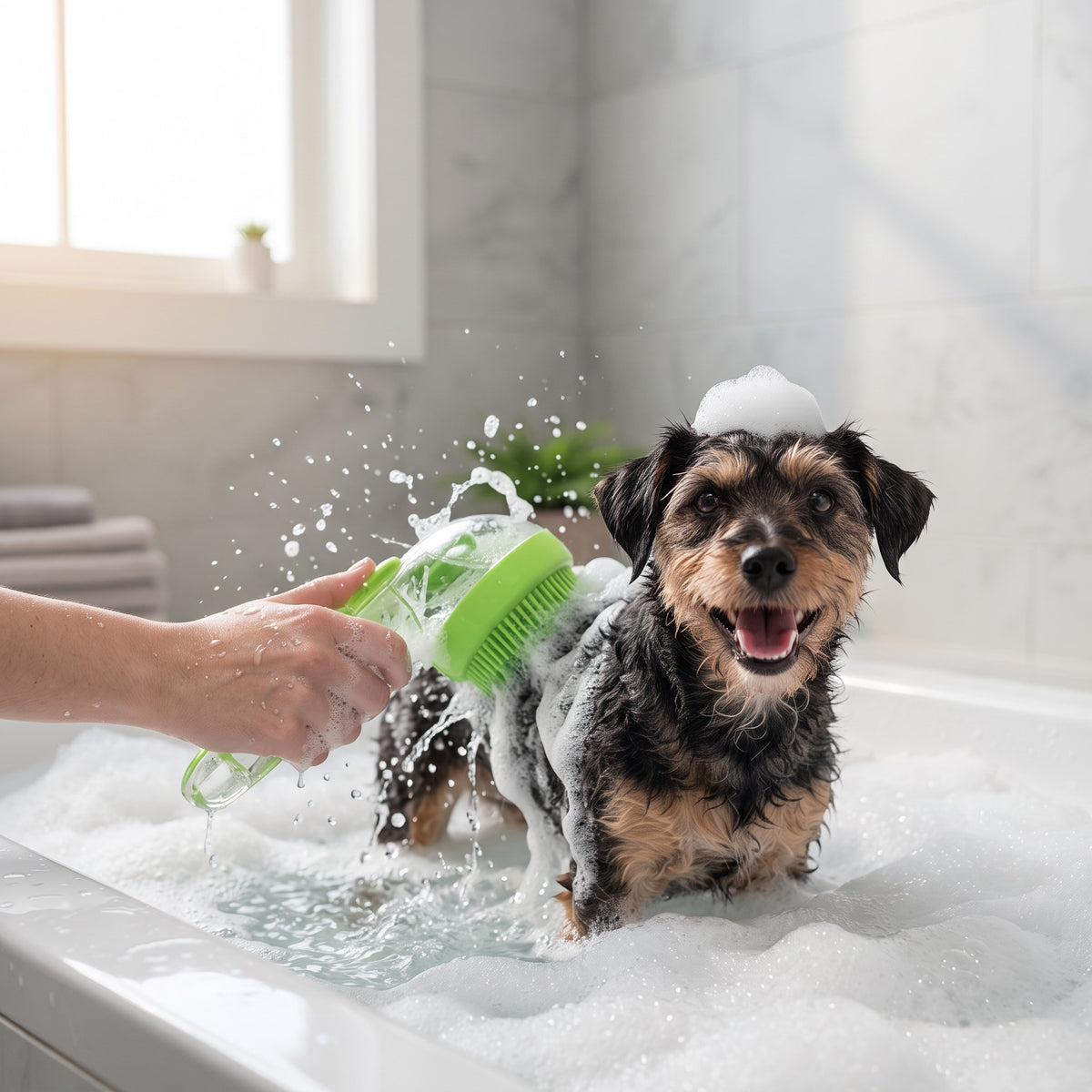 Tailora 2-in-1 pet bath brush with green silicone bristles scrubbing a happy dog in a soapy bathtub