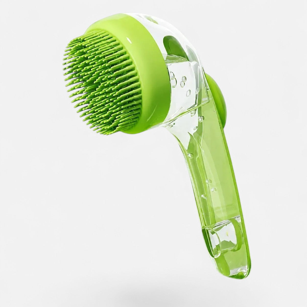 Tailora 2-in-1 pet bath brush with green silicone bristles and an ergonomic clear handle for grooming dogs and cats