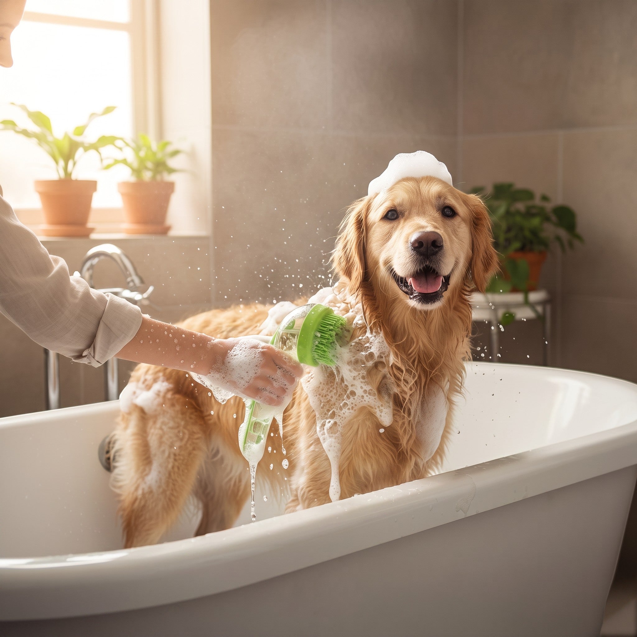 Tailora 2-in-1 pet bath brush with soft green silicone bristles being used to wash a happy golden retriever in a tub