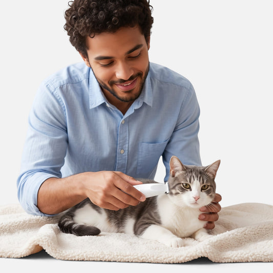 Tailora man gently grooming a grey and white cat with a white cordless LED pet detail trimmer on a soft blanket
