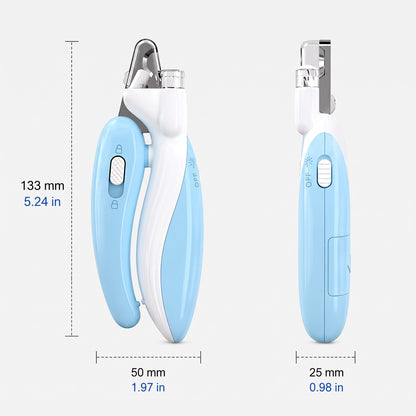 Tailora pet nail clipper with LED light, featuring blue and white ergonomic handle and stainless steel blades.