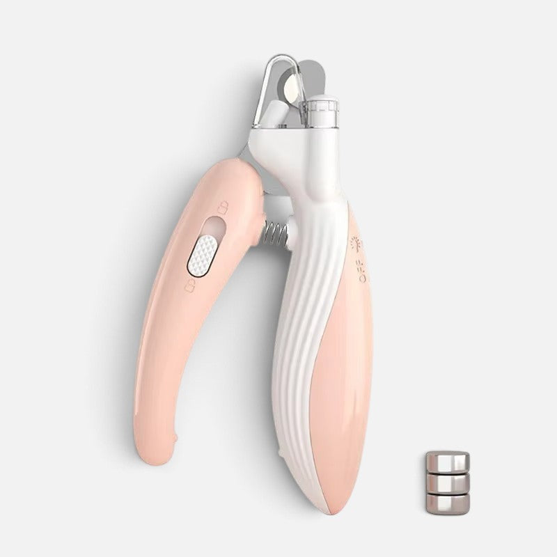Tailora pet nail clipper with LED light, featuring a pink and white ergonomic handle and stainless steel blades.