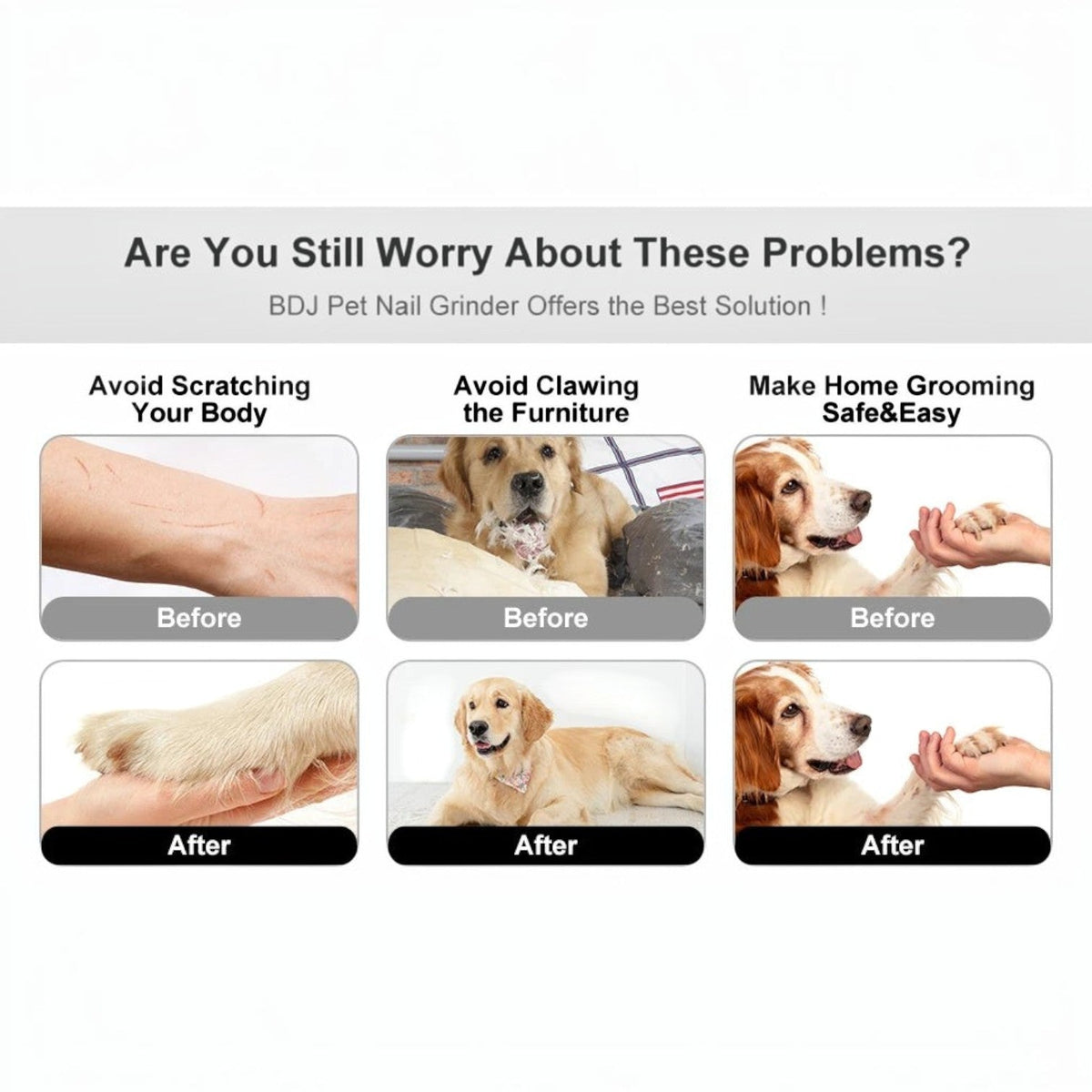 Tailora pet nail grinder before and after results showing smooth paws and protected furniture and skin