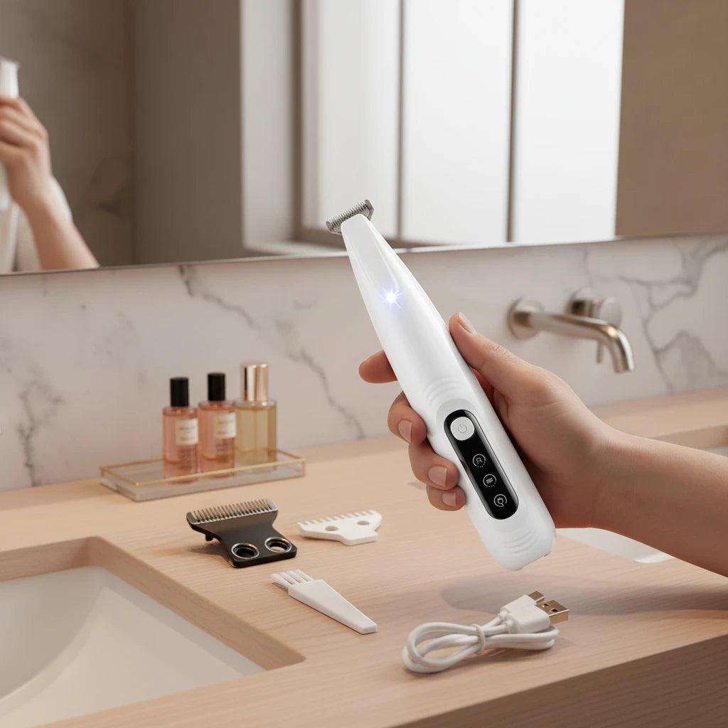 Tailora white cordless pet trimmer with LED light, stainless steel blade, and accessories on a bathroom vanity.