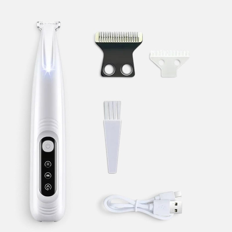 Tailora white cordless pet trimmer with LED light, stainless steel blade attachments, cleaning brush, and USB cable.