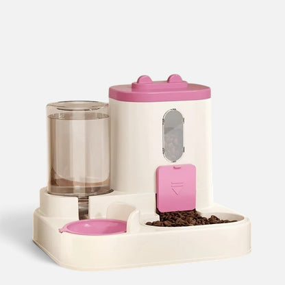 Tailora pink and white 2-in-1 automatic gravity pet food and water dispenser station for cats and small dogs